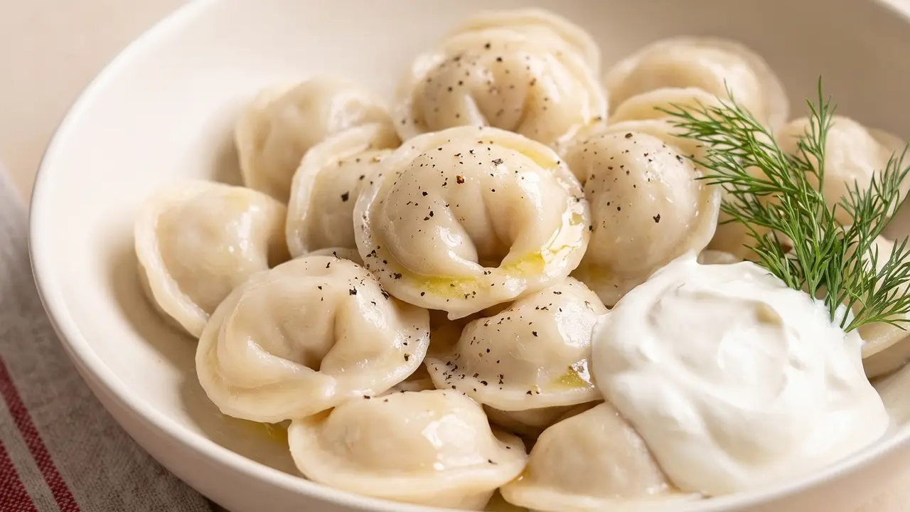 Отварные пельмени со сметаной и укропом
